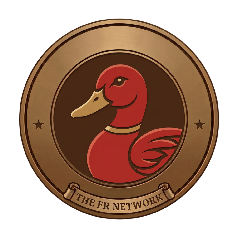 A circular bronze-toned emblem featuring a stylized red duck head and neck on a dark brown background, with two small stars and a banner at the bottom reading “THE FR NETWORK.”.