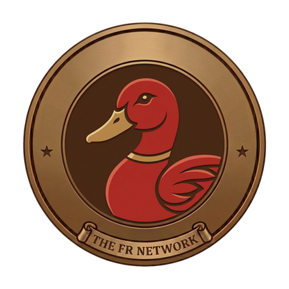A circular bronze-toned emblem featuring a stylized red duck head and neck on a dark brown background, with two small stars and a banner at the bottom reading “THE FR NETWORK.”.